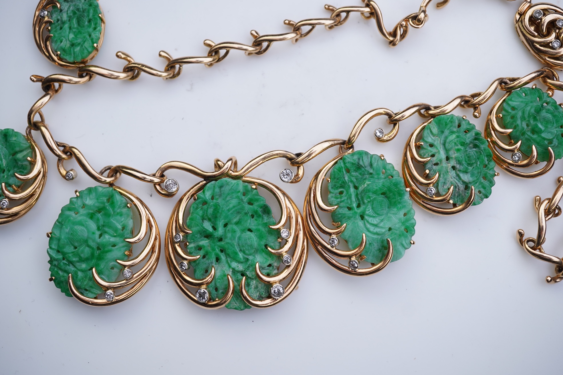 A jadeite and diamond necklace, mid 20th century
